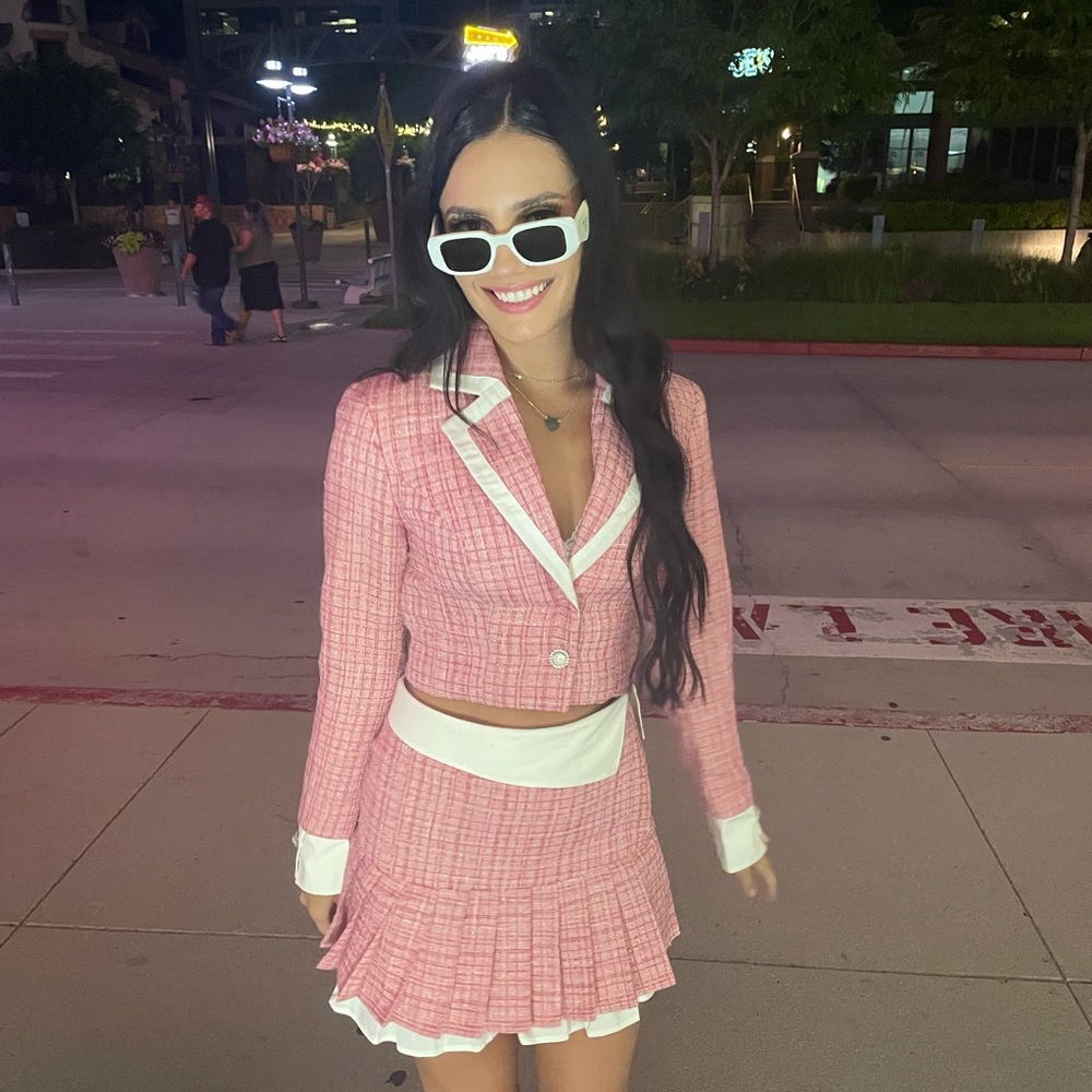 ASOS luxe pink boucle crop blazer and mini skirt set